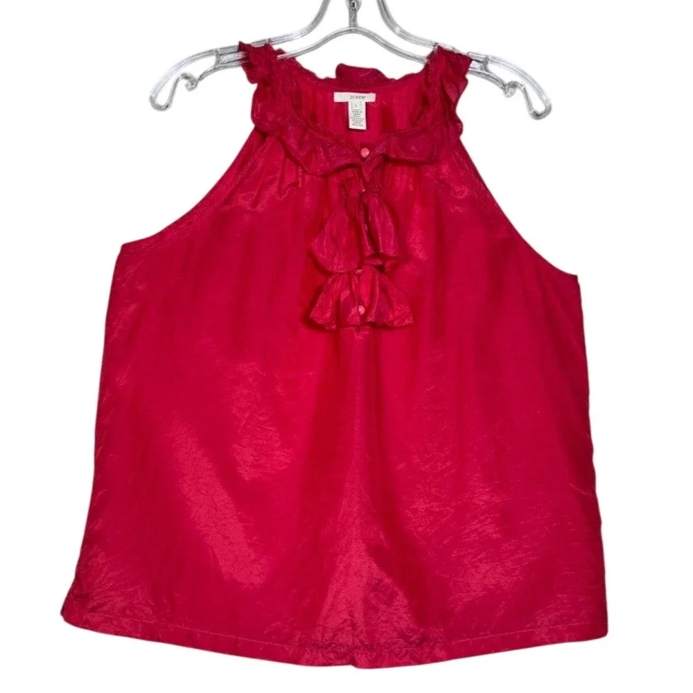 J.Crew Silk Blend Ruffle Neck Sleeveless‎ Blouse Pink Size L Coquette Balletcore